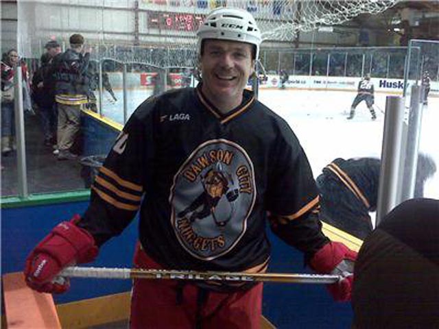 Dawson City Nuggets player Brad May getting ready for the game